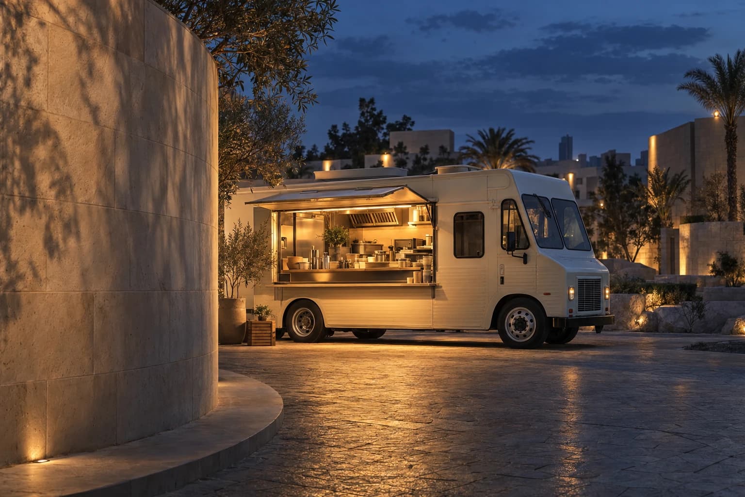 Editorial illustration of a food truck's illuminated evening window